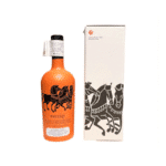 Front view of Skoutari organic extra virgin olive oil bottle with illustrated design and premium packaging