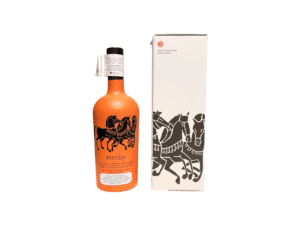 Front view of Skoutari organic extra virgin olive oil bottle with illustrated design and premium packaging