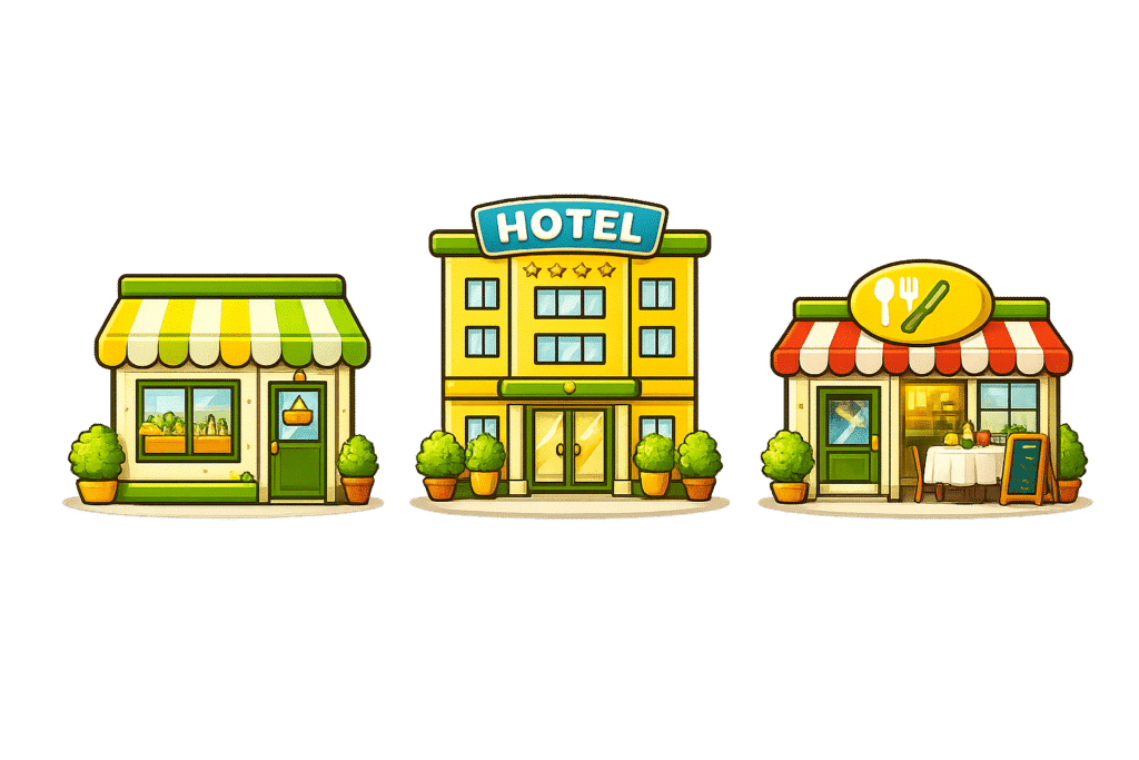 Icons representing shop, hotel, and restaurant professionals using olive oil