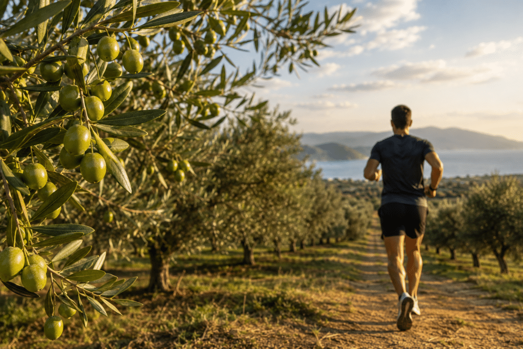 Runner in a Greek olive grove illustrating the heart health benefits of Greek olive oil