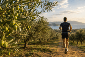Runner in a Greek olive grove illustrating the heart health benefits of Greek olive oil