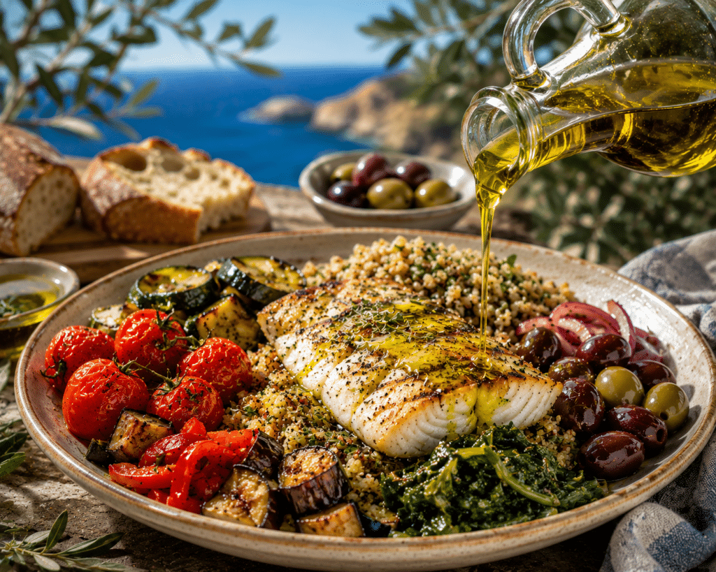 Traditional Cretan Mediterranean meal with fish vegetables grains and extra virgin olive oil.